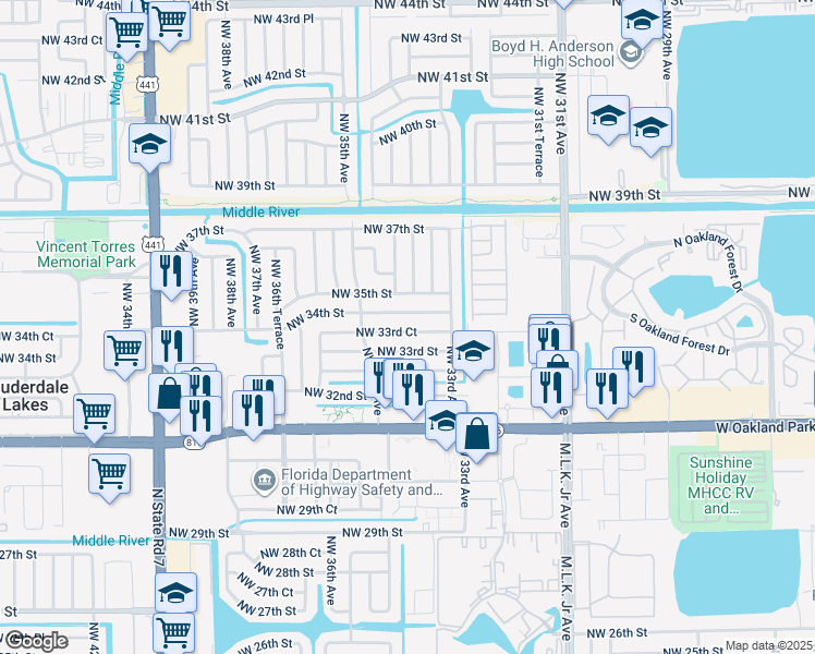map of restaurants, bars, coffee shops, grocery stores, and more near 3411 Northwest 33rd Court in Lauderdale Lakes