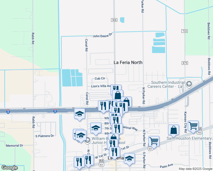 map of restaurants, bars, coffee shops, grocery stores, and more near 4 Lion's Villa Avenue in La Feria
