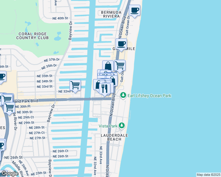 map of restaurants, bars, coffee shops, grocery stores, and more near 3324 Northeast 33rd Street in Fort Lauderdale