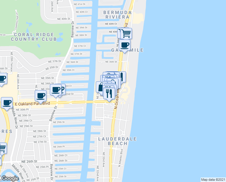 map of restaurants, bars, coffee shops, grocery stores, and more near 3324 Northeast 33rd Street in Fort Lauderdale