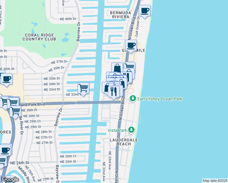 map of restaurants, bars, coffee shops, grocery stores, and more near 3324 Northeast 33rd Street in Fort Lauderdale