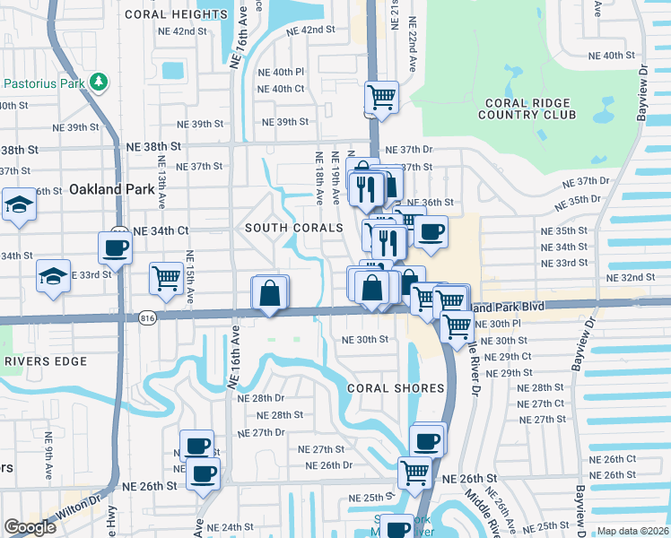 map of restaurants, bars, coffee shops, grocery stores, and more near 1867 Northeast 33rd Street in Oakland Park