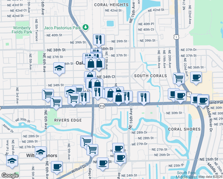 map of restaurants, bars, coffee shops, grocery stores, and more near 1499 Northeast 33rd Street in Oakland Park