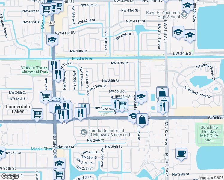 map of restaurants, bars, coffee shops, grocery stores, and more near 3471 Northwest 33rd Court in Lauderdale Lakes