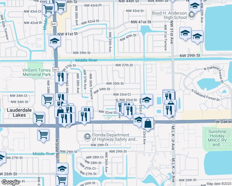 map of restaurants, bars, coffee shops, grocery stores, and more near 3471 Northwest 33rd Court in Lauderdale Lakes
