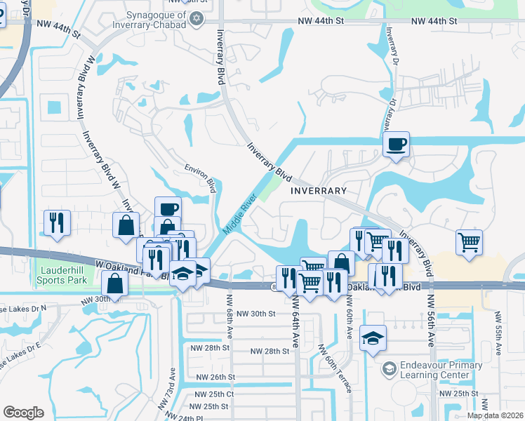 map of restaurants, bars, coffee shops, grocery stores, and more near 6653 Racquet Club Drive in Lauderhill