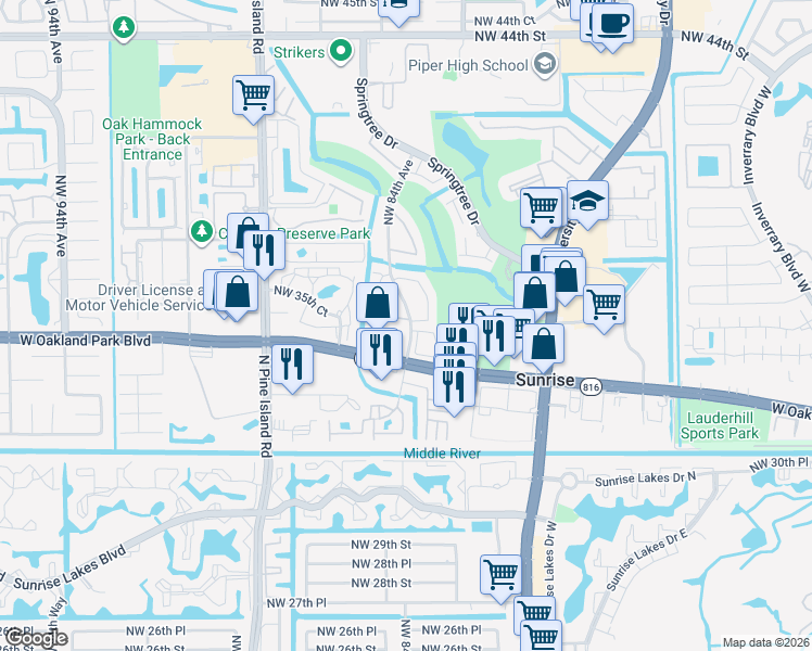 map of restaurants, bars, coffee shops, grocery stores, and more near 8402 Northwest 34th Manor in Sunrise