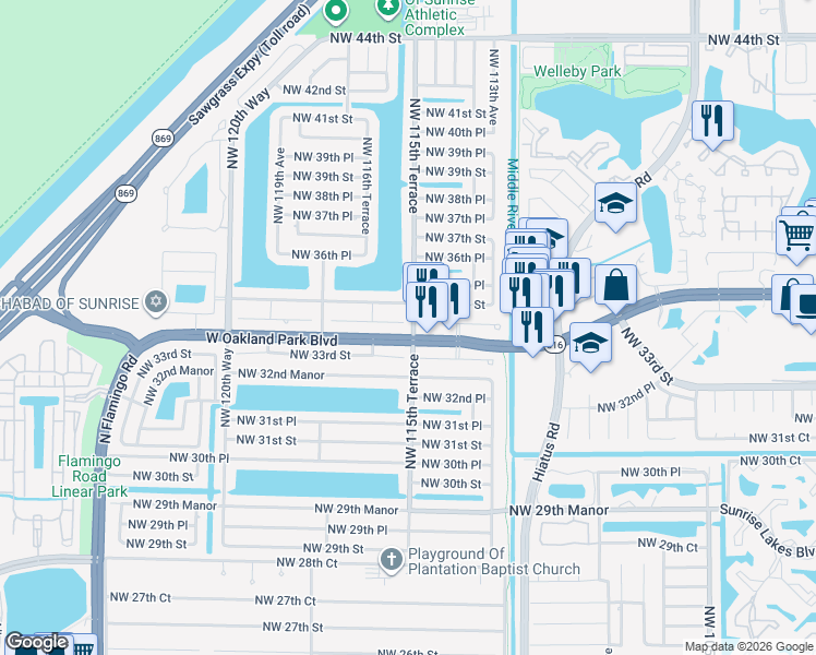 map of restaurants, bars, coffee shops, grocery stores, and more near 11530 Northwest 35th Street in Sunrise