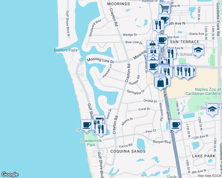 map of restaurants, bars, coffee shops, grocery stores, and more near 350 Springline Drive in Naples