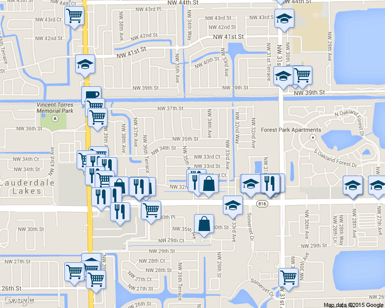 map of restaurants, bars, coffee shops, grocery stores, and more near 3471 Northwest 33rd Court in Lauderdale Lakes