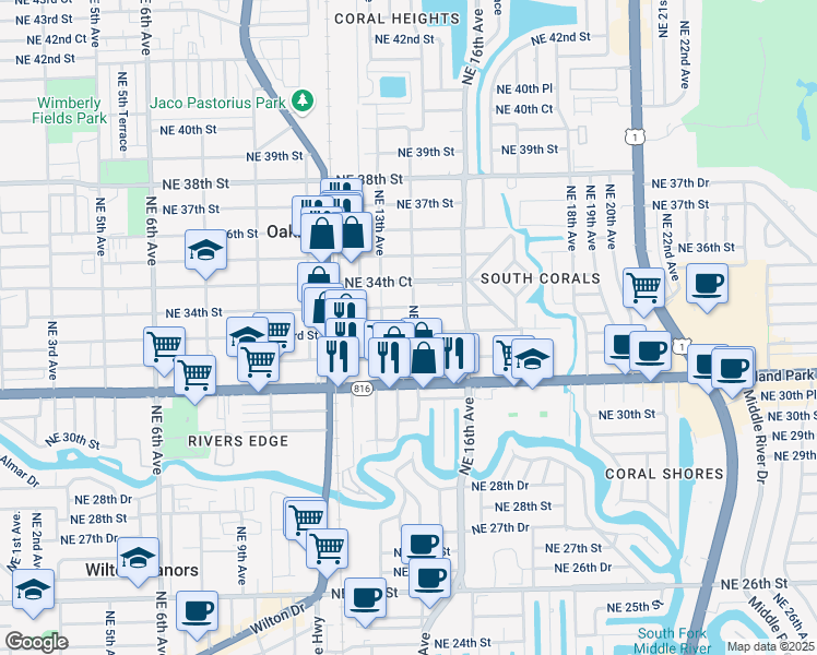 map of restaurants, bars, coffee shops, grocery stores, and more near 1499 Northeast 33rd Street in Oakland Park