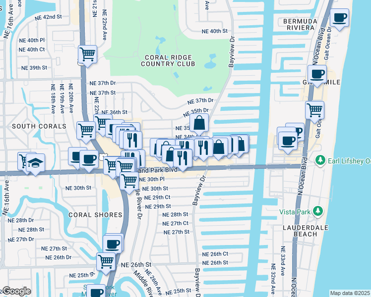 map of restaurants, bars, coffee shops, grocery stores, and more near 2724 Northeast 33rd Street in Fort Lauderdale