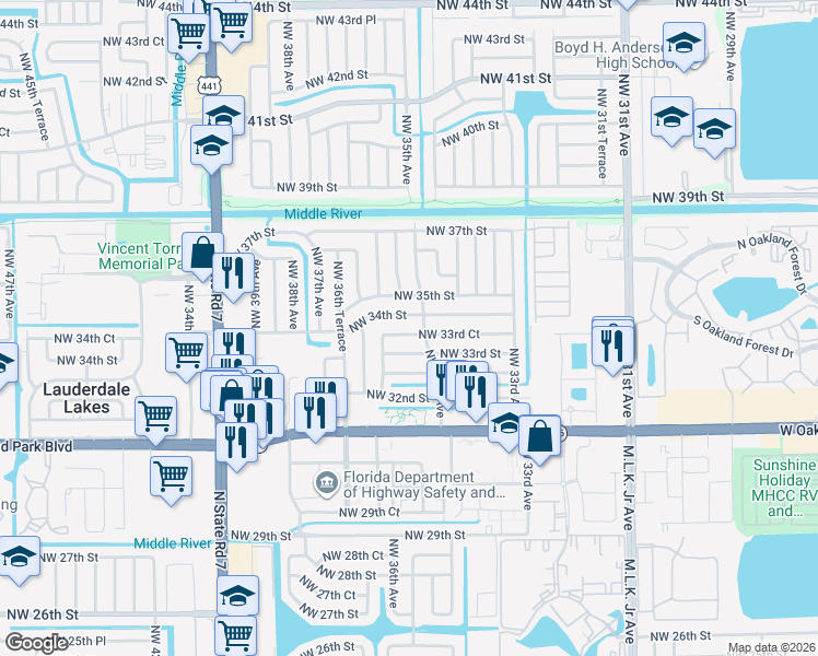 map of restaurants, bars, coffee shops, grocery stores, and more near 3523 Northwest 33rd Court in Lauderdale Lakes