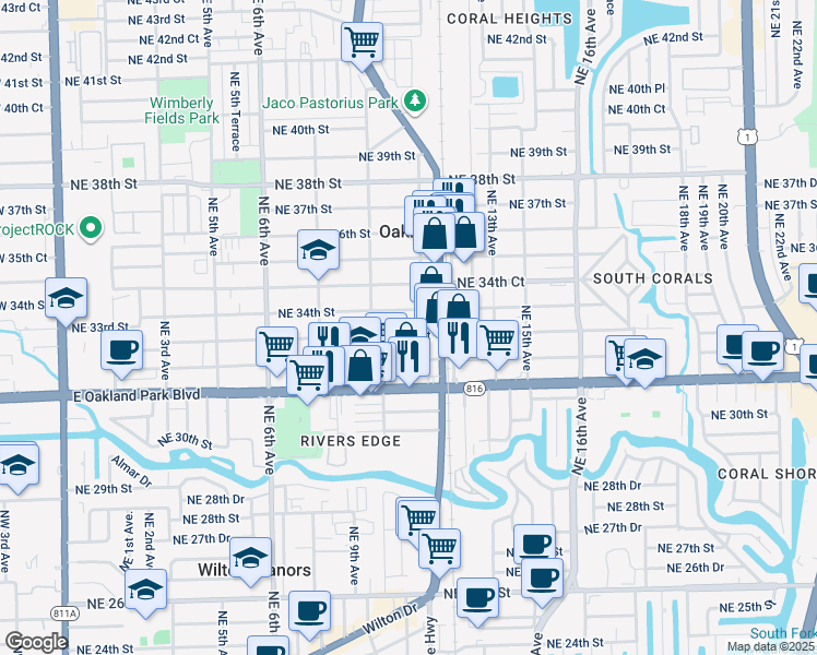 map of restaurants, bars, coffee shops, grocery stores, and more near 1077 Northeast 33rd Street in Oakland Park