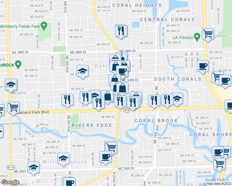map of restaurants, bars, coffee shops, grocery stores, and more near 3301 North Dixie Highway in Oakland Park