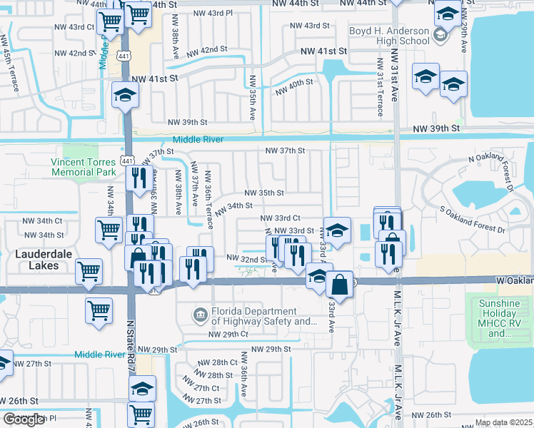 map of restaurants, bars, coffee shops, grocery stores, and more near 3471 Northwest 33rd Court in Lauderdale Lakes