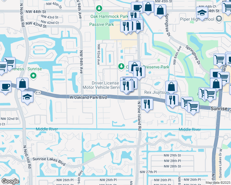 map of restaurants, bars, coffee shops, grocery stores, and more near 9001 W Oakland Park Blvd in Sunrise