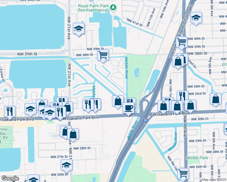 map of restaurants, bars, coffee shops, grocery stores, and more near 1696 Northwest 36th Court in Oakland Park