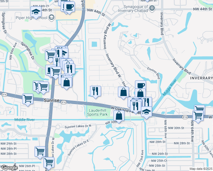 map of restaurants, bars, coffee shops, grocery stores, and more near 7412 Northwest 34th Street in Lauderhill
