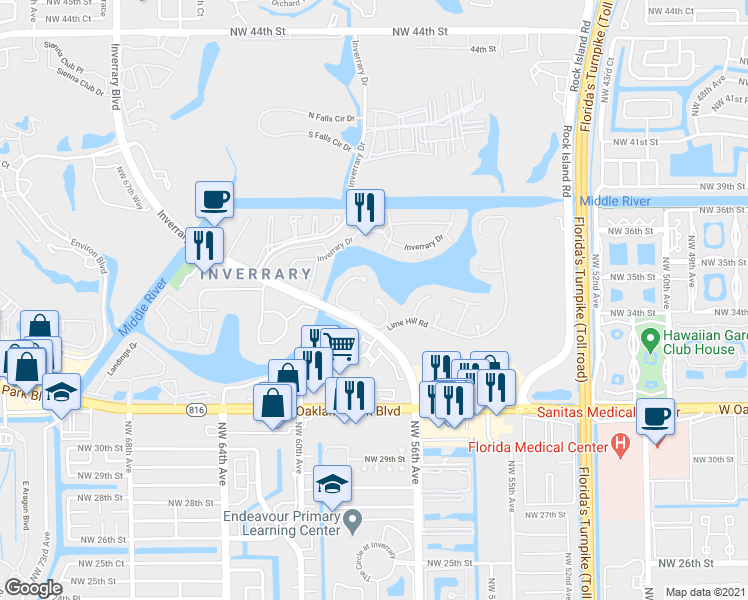 map of restaurants, bars, coffee shops, grocery stores, and more near 3416 Heather Terrace in Lauderhill