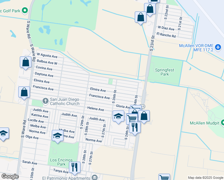 map of restaurants, bars, coffee shops, grocery stores, and more near 2604 Elmira Avenue in McAllen