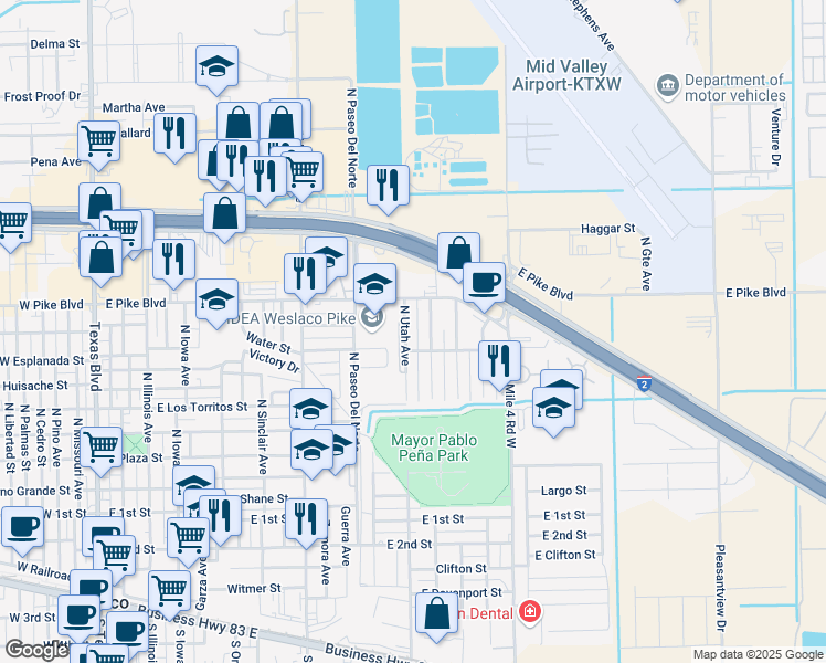 map of restaurants, bars, coffee shops, grocery stores, and more near 708 North Utah Avenue in Weslaco