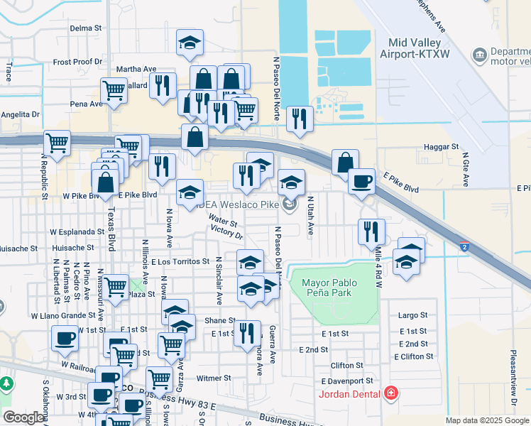 map of restaurants, bars, coffee shops, grocery stores, and more near 814 Rebecca Street in Weslaco