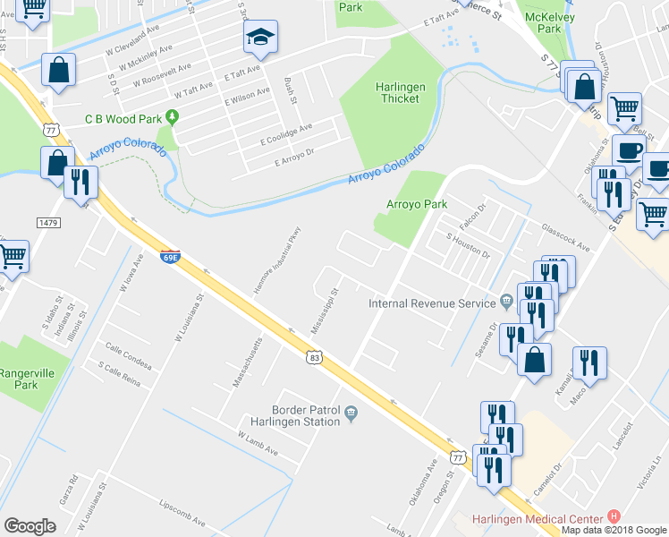 map of restaurants, bars, coffee shops, grocery stores, and more near 413 Arroyo Vista Court in Harlingen