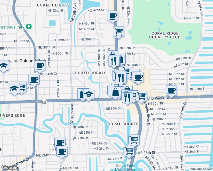 map of restaurants, bars, coffee shops, grocery stores, and more near 1867 Northeast 33rd Street in Oakland Park