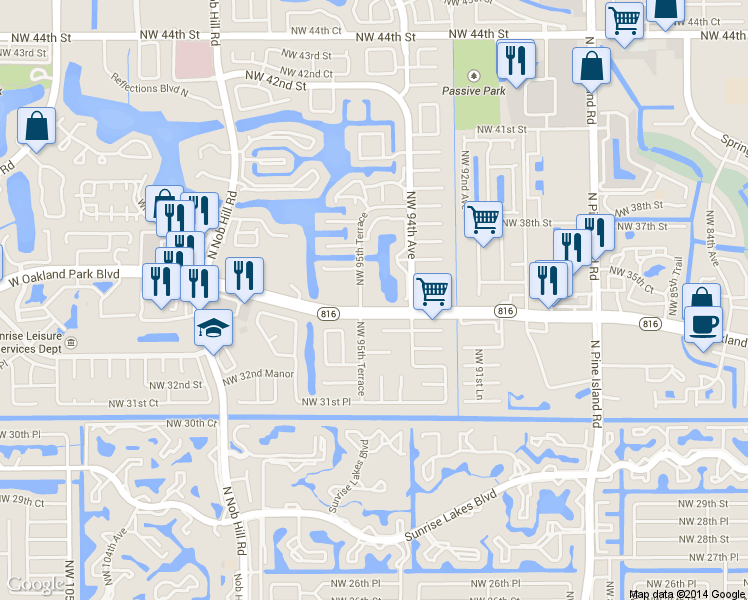 map of restaurants, bars, coffee shops, grocery stores, and more near 9555 West Oakland Park Boulevard in Sunrise