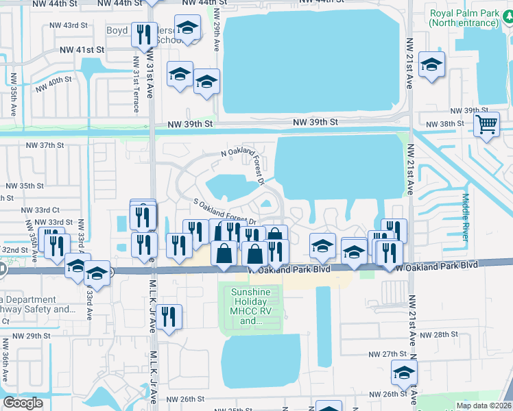 map of restaurants, bars, coffee shops, grocery stores, and more near 2753 South Oakland Forest Drive in Oakland Park