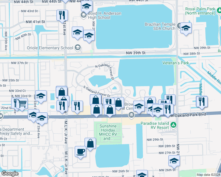 map of restaurants, bars, coffee shops, grocery stores, and more near 2737 South Oakland Forest Drive in Fort Lauderdale