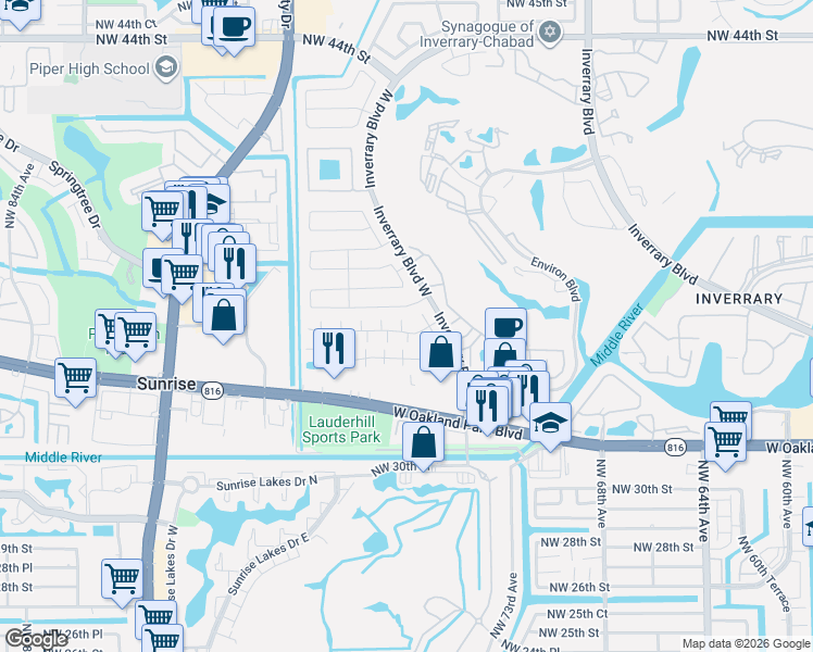 map of restaurants, bars, coffee shops, grocery stores, and more near 7376 Northwest 34th Street in Lauderhill