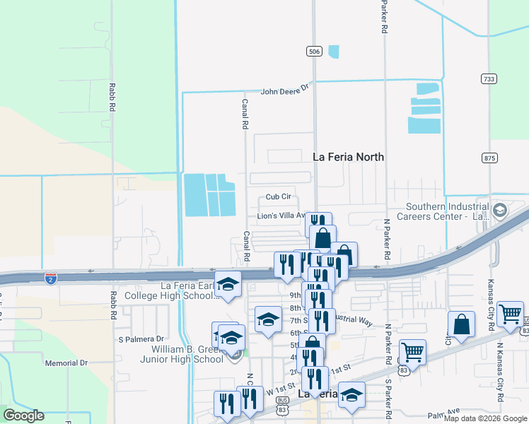 map of restaurants, bars, coffee shops, grocery stores, and more near 4 Lion's Villa Avenue in La Feria