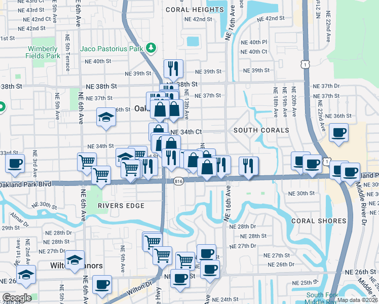 map of restaurants, bars, coffee shops, grocery stores, and more near 1299 Northeast 33rd Street in Oakland Park