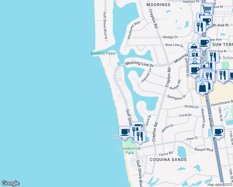 map of restaurants, bars, coffee shops, grocery stores, and more near 1977 Gulf Shore Boulevard North in Naples