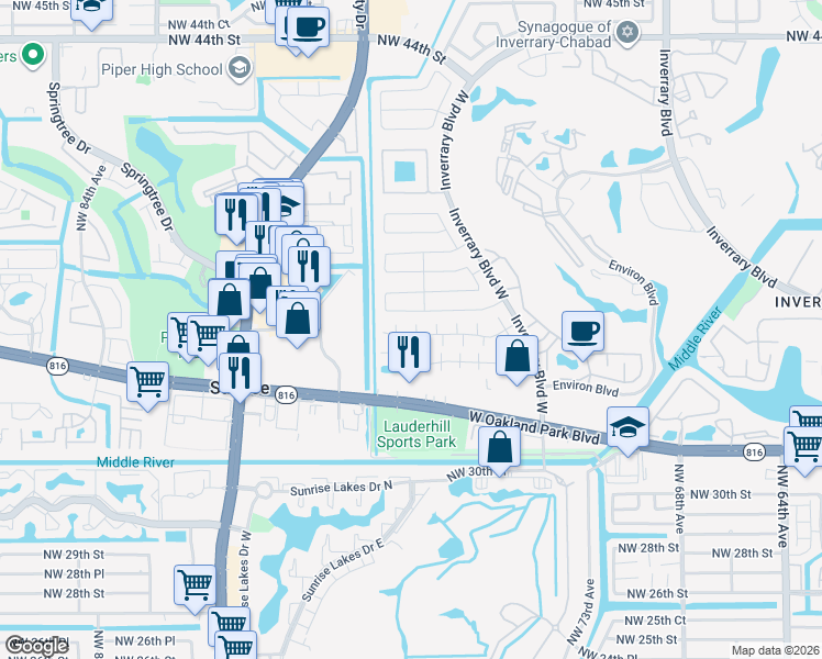 map of restaurants, bars, coffee shops, grocery stores, and more near 7462 Northwest 34th Street in Lauderhill