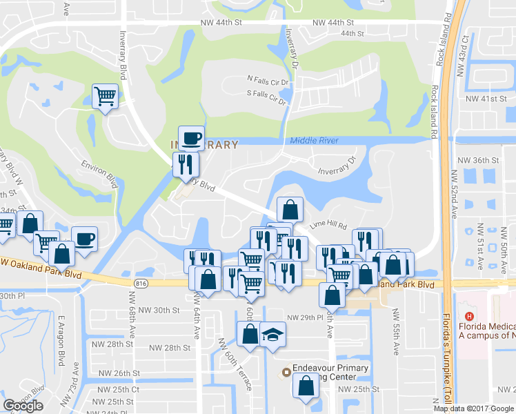 map of restaurants, bars, coffee shops, grocery stores, and more near 3539 Inverrary Boulevard in Lauderhill
