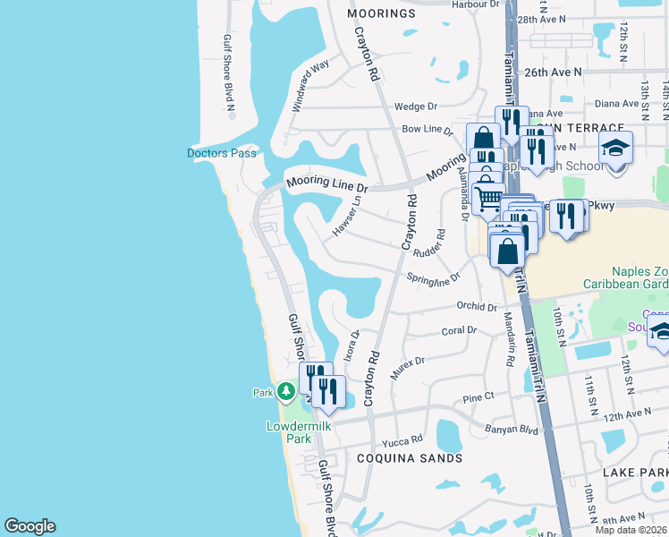 map of restaurants, bars, coffee shops, grocery stores, and more near 292 Springline Drive in Naples