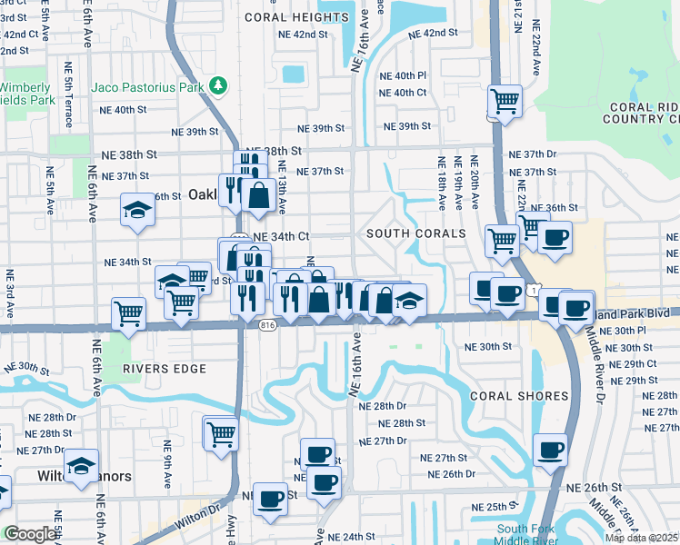 map of restaurants, bars, coffee shops, grocery stores, and more near 1567 Northeast 33rd Street in Oakland Park