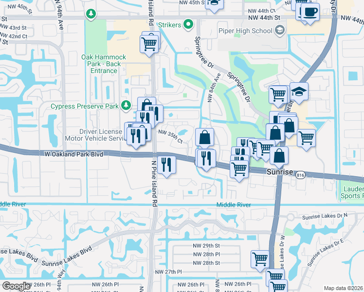 map of restaurants, bars, coffee shops, grocery stores, and more near 8601 Northwest 34th Place in Sunrise
