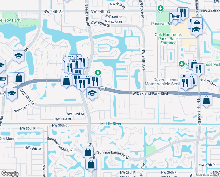 map of restaurants, bars, coffee shops, grocery stores, and more near 9711 West Oakland Park Boulevard in Sunrise