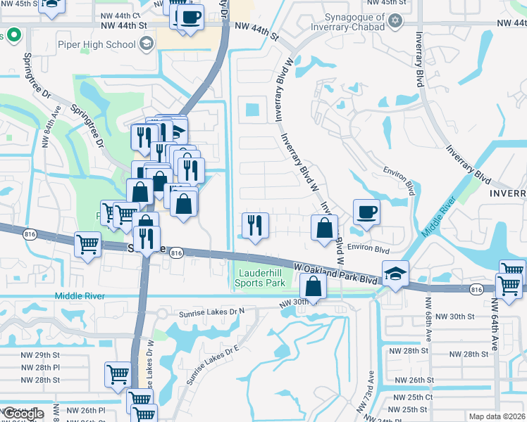 map of restaurants, bars, coffee shops, grocery stores, and more near 7462 Northwest 34th Street in Lauderhill