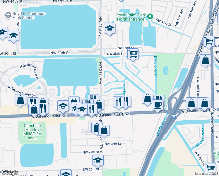 map of restaurants, bars, coffee shops, grocery stores, and more near 1951 Northwest 33rd Street in Oakland Park