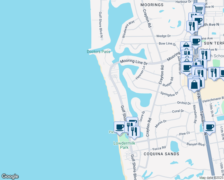 map of restaurants, bars, coffee shops, grocery stores, and more near 1977 Gulf Shore Boulevard North in Naples