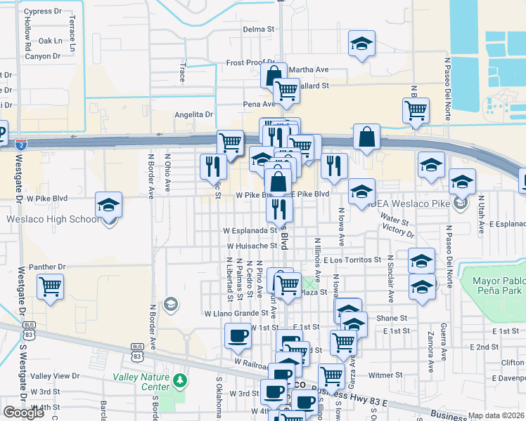 map of restaurants, bars, coffee shops, grocery stores, and more near 801 North Pino Street in Weslaco