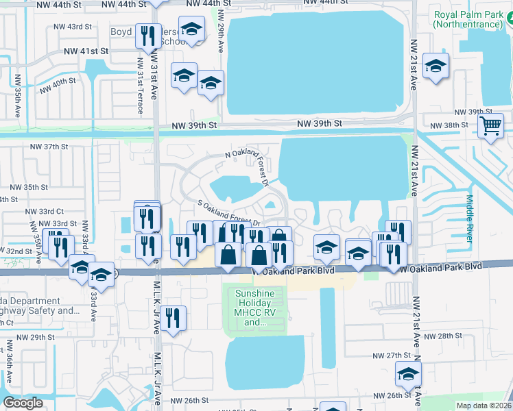 map of restaurants, bars, coffee shops, grocery stores, and more near 2701 South Oakland Forest Drive in Oakland Park