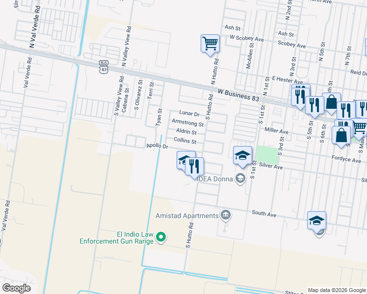 map of restaurants, bars, coffee shops, grocery stores, and more near 116 Apollo Dr in Donna