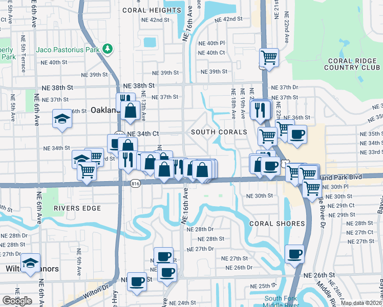 map of restaurants, bars, coffee shops, grocery stores, and more near 1625-1633 Northeast 33rd Street in Oakland Park