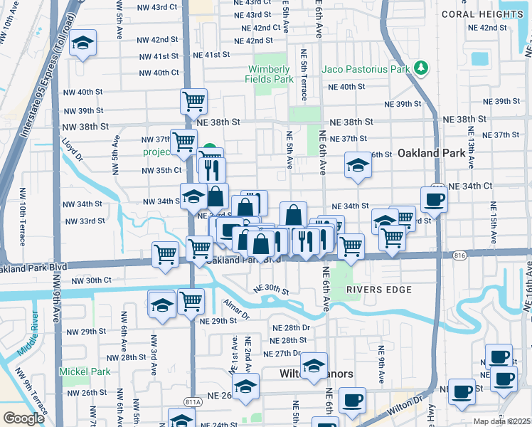 map of restaurants, bars, coffee shops, grocery stores, and more near 340 Northeast 34th Street in Oakland Park